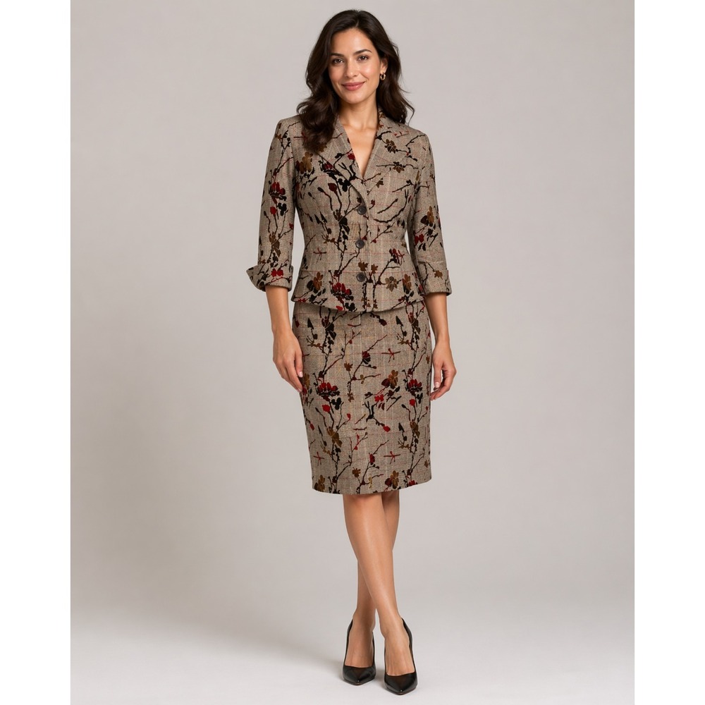 Vintage Newport News Blazer Skirt Suit Set Womens 4/6 Brown Floral Plaid Fall